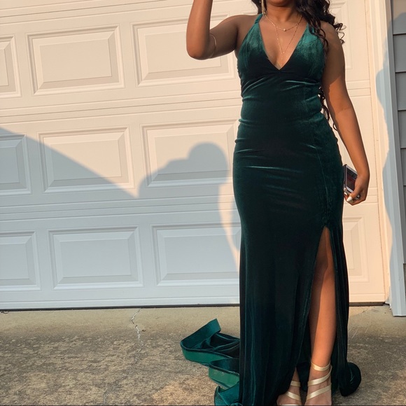 velvet green prom dress